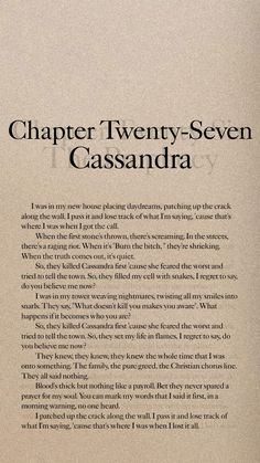 an open book with black text on the front and back cover that reads,'chapter twenty - seven casssandraa '