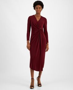 in stock Fall V-neck Ruched Midi Dress, Elegant Midi Dress With Ruched Detail And V-neck, Stretch V-neck Midi Dress With Back Zipper, Red Cotton V-neck Midi Dress, Red Stretch V-neck Midi Dress, Anne Klein, Cool Fabric, Mother Of The Bride Dresses, Knit Jersey