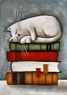 a painting of a cat sleeping on top of books