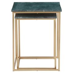 two tables with marble top and metal legs, one in gold frame the other in green marble