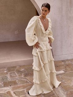 Cotton & Linen V-Neck Ruffle Trim Long Dress Linen Design, Ruffles Fashion, Long Midi Dress, Linen Maxi Dress, Outerwear Outfit, Neck Ruffle, Effortless Chic, 2000s Fashion, White Mini Dress