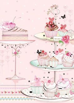 three tiered trays filled with cupcakes on top of pink wallpaper