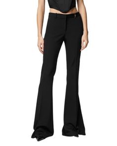 Versace Stretch Wool Flare Pants Luxury Wide Leg Bottoms For Night Out, Tailored Luxury Bottoms For Night Out, Luxury Long Pants For Night Out, Luxury Wide-leg Pants For Night Out, Luxury Black Bottoms For Evening, Luxury Trousers For Fall, Luxury Black Evening Bottoms, Luxury Black Fitted Bottoms, Luxury Black Pants