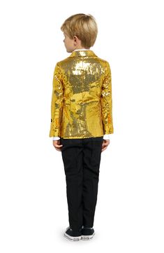 Bold sequins bring fun energy to a sport coat designed with a single tonal button cinching the formal look that they'll feel confident in. Front button closure Front flap pockets 100% polyester Hand wash, line dry Imported Long Sleeve Suits For Winter Costume Party, Long Sleeve Suits For Fall Party, Long Sleeve Suits With Button Closure For Party, Long Sleeve Party Suits With Button Closure, Party Suits With Sequins And Long Sleeves, Sequined Long Sleeve Party Suits, Long Sleeve Suits For Holiday Costume Party, Fitted Suit For Fall Costume Party, Fitted Suit For Costume Party In Fall