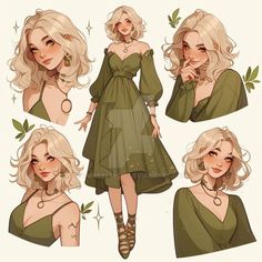 a drawing of a woman with blonde hair and green dress, in four different poses