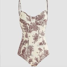 Adorable Brown Print On Tan/ Cream Bodysuit. Size Is 10 / Xl Adjustable Straps Not Lined Material Has Give 3 Button Snap Close On Bottom Approximate Flat Lay Measurements: Pit To Pit 19" V-Neck To Bottom Length 21" Cotton Fitted Bodysuit For Vacation, Fitted Cotton Bodysuit For Vacation, Classic Swimsuit, Toile Print, Floral Fit, Glitter Dress, Maxi Dresses Casual, Festival Dress, Sleeveless Jumpsuits