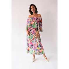 Adela Tropical Floral Off The Shoulder Bardot Midi Summer Dress In Vibrant Multicolors | Raishma | Wolf & Badger Chic Multicolor One Shoulder Maxi Dress, Multicolor Summer Maxi Dress With Elastic Neckline, Multicolor Strapless Midi Dress For Vacation, Off-shoulder Multicolor Midi Dress For Spring, Maxi Length Off Shoulder Dress For Brunch, Multicolor Off-shoulder Midi Dress For Vacation, Multicolor Dress With Elastic Neckline For Vacation, Spring Multicolor Off-shoulder Maxi Dress, Multicolor Flowy Off-shoulder Maxi Dress