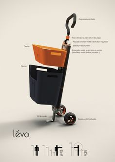 an orange and black chair on wheels with the words levi written in spanish above it