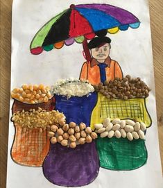 a drawing of a person holding an umbrella over their head with beans and corn on it