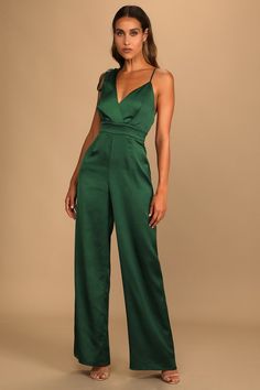 Green Jumpsuit - Asymmetrical Jumpsuit - Wide-Leg Jumpsuit - Lulus Colour Names List, Outfit Elegante, Satin Jumpsuit, Green Jumpsuit, Green Satin, Sky High, Wide Leg Jumpsuit, Emerald Green, Perfect Dress