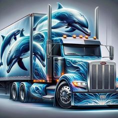 a semi truck with dolphins painted on it's side is shown in front of a gray background