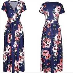 Ouges Maxi Dress Floral Print With Pockets Navy Blue Tags: Dress, Maxi, Floral, Summer, Beach, Blue Maxi Length Floral Dress For Beach, Blue Floral V-neck Dress For Vacation, Navy V-neck Vacation Dress, Blue Floral Maxi Dress For Vacation, Elegant Blue Floral Dress With Short Sleeves, Blue Floral Print Maxi Dress With Short Sleeves, Blue Short Sleeve Maxi Dress For Vacation, Chic Blue Floral Short Sleeve Dress, Blue Floral Long Dress For Spring