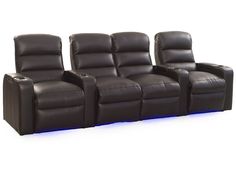 three reclining chairs with blue lights in front of white background, side by side