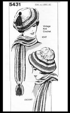 This beginners easy pattern for a beret tam and scarf has directions to both knit and crochet each set. Mail Order 5431, An Anne Cabot pattern. The newspaper description: "Whether you crochet or knit you'll be able to make this pretty set of matching tam and scarf. Pattern 5431 has directions for both knit and crochet" #AnneCabot #VintageKnitCrochet #CrochetBeretPattern #KnittedBeretPattern #CrochetScarfPattern #KnittedScarfPattern Crochet Beret Pattern, Crochet Beret, Knitting And Crochet