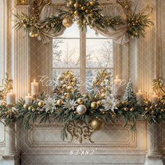 a decorated fireplace mantle with candles and christmas decorations on it, in front of a window