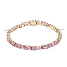 Pink sapphire round cut tennis bracelet gold | Natural pink sapphire round stackable bracelet gold | Vibrant pink sapphire bracelet gold STONE DETAILS : ✦ Gemstone : Pink Sapphire ✦ Gemstone Type : Natural ✦ Gemstone Size : 3.50 MM ✦ Gemstone Shape : Round ✦ Gemstone Weight : 6-7 carats ✦ Gemstone Grade : AAAA METAL DETAILS : ✦ Metal : 14K/18K Gold ✦ Metal Color : Yellow / White / Rose Gold ✦ Setting : Prong Setting ✦ Ring Box : Yes SHIPPING DETAILS : ✦ Shipped via : Free worldwide shipping ✦ Import duties : Duty Free shipment 0$ in duties ✦ Production time : 10-12 days ✦ Delivery time : 7-8 days ✦ Expedited shipping : Available ✦ Expedited shipping service : UPS ✦ Expedited shipping time : 5 days ✦ Expedited shipping cost : 70$ CUSTOMISATION DETAILS : We can customize any piece of fine je Pink Stackable Jewelry For Formal Occasions, Gemstone Tennis Bracelet Gift, Stackable Rose Gold Tennis Bracelet Fine Jewelry, Pink Jubilee Round Tennis Bracelet, Round Pink Sapphire Jewelry In Pink Gold, Pink Fine Jewelry Tennis Bracelet, Rose Gold Gemstone Tennis Bracelet, Fine Jewelry Pink Gemstone Tennis Bracelet, Pink Gemstone Tennis Bracelet