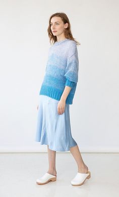 Zoe Skirt - Plümo Ltd Clog Outfits, Wood Clogs, Platform Clogs Shoes, White Clogs, Charcoal Sweater, Blue Midi Skirt, Swedish Clogs, Casual Chic Summer