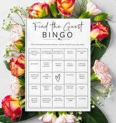 a wedding game with flowers and greenery around it that says, find the great bingo