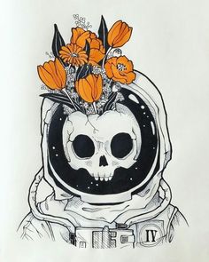 a drawing of an astronaut with flowers on his head