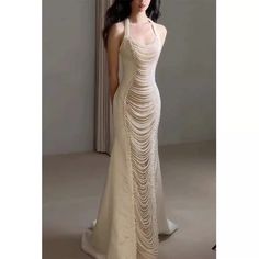 Lasaky - Pearl Embellished Fish Tail Evening Gown and Robe Set for Special Occasions Combination Dresses, Halter Evening Dress, Color Combinations For Clothes, White Evening Dress, Heavy Industry, Fish Tail, Cartoon Outfits, Custom Dresses, Issey Miyake