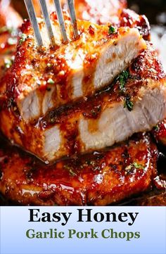 easy honey garlic pork chops recipe on a plate with fork in it and title overlay