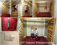 there are pictures of kids playing in the playroom with climbing walls and ladders