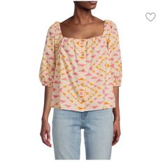 Faherty B.Yellowtail Sun Road Cali Top New! Szm Approximate Layflat Measurements: Under Arm To Under Arm: 20 Shoulder To Hem:23 Questions? Leave A Comment Below! Bin 19-3 Triangular Pattern, Elbow Length Sleeve, Top Sales, Cotton Top, Curator Style, Cotton Tops, Puff Sleeves, Cali, Square Neck