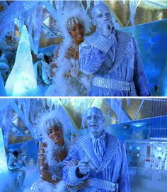 two pictures of a man and woman dressed as ice queen and snow king in front of an ice sculpture