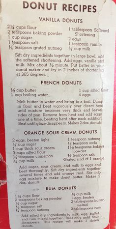 the menu for donut recipes is displayed on a red tablecloth with white writing