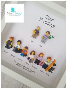 the lego family is displayed in a shadow box with their names and pictures on it