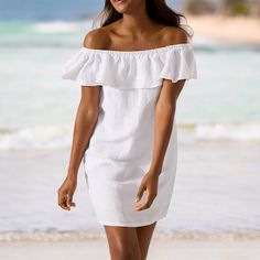 Soak Up The Sun In This Off-The-Shoulder Coverup Dress, Crafted From A Lightweight, Floaty Linen Blend That Offers Effortless Movement With Its Feminine Ruffled Neckline. 52% Linen, 48% Viscose Pockets. Soft Linen-Blend Fabric Resists Wrinkles For Easy Packing. Can Be Worn On Or Off The Shoulder. Fully Lined. Vacation Linen Wedding Cruise Feminine Versatile Preppy Elegant Off-shoulder Summer Beach Dress, Elegant Off Shoulder Beach Dress For Summer, Elegant Off-shoulder Dress For Summer Beach, Elegant Off Shoulder Dress For Summer Beach, Summer Mini Length Off Shoulder Beach Dress, White Ruffled Off Shoulder Dress For Beach, White Off Shoulder Dress With Ruffles For Beach, Summer Off-shoulder Dress With Short Sleeves For Vacation, Summer Off Shoulder Dress With Short Sleeves For Vacation