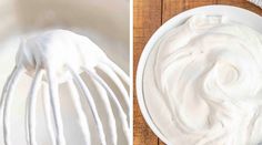 a bowl filled with whipped cream next to a whisk on a wooden table