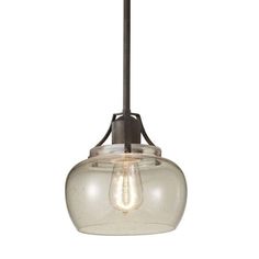 a small glass light fixture hanging from a metal ceiling fixture with an open bulb on the end