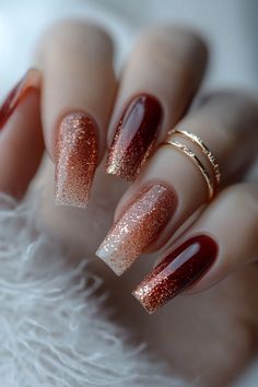 Ombre Nails Christmas Red, Fall Nails Maroon And Gold, Five Color Nails, Cute November Nails Acrylic, Acrylic Nails For Fall Autumn, Fall Glitter Ombre Nails, Fall Nail Designs With Rhinestones, November Ombre Nails, November Nails French Tip