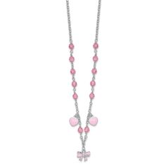 Rhodium over sterling silver polished children's pink enameled hearts and bow charm necklace with pink crystals. Chain measures approximately 13"L x 1/16"W + 1" Ext., bow charm measures 7/16"L x 3/8"W, heart charm measures 3/8"L x 1/4"W. Comes with spring ring clasp. Pink Heart Pendant Charm Necklace With Lobster Clasp, Nickel Free Pink Heart Pendant Jewelry, Pink Jewelry With Lobster Clasp For Valentine's Day, Sterling Silver Pink Charms Jewelry, Pink Sterling Silver Charm Jewelry, Pink Sterling Silver Jewelry With Charms, Pink Sterling Silver Charm Necklace With Heart Charm, Pink Sterling Silver Necklace With Heart Charm, Pink Sterling Silver Necklace With Charms