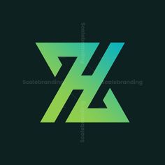 the letter h is made up of green and blue triangles on a black background with white letters