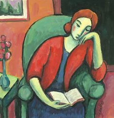 a painting of a woman sitting in a chair with her head on her hand while reading a book