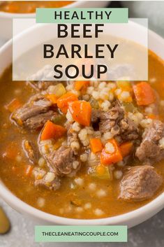 instant pot beef barley soup in a white bowl