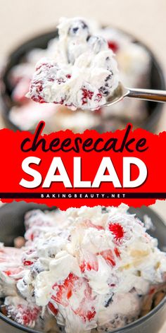 a bowl filled with cheesecake salad on top of a table