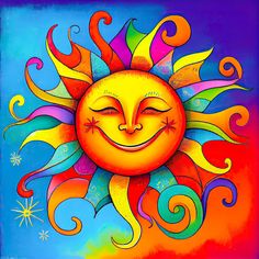 a painting of a smiling sun with colorful swirls