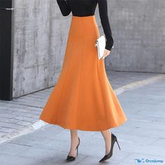 Orcajump - Ladies Midi Skirt with Elegant Flared Design and Intricate Patterns Elegant Orange Skirt For Work, Elegant Fitted Orange Bottoms, Orange Workwear Skirt With Lining, Orange Lined Skirt For Workwear, Orange Lined Skirt For Work, Elegant Orange Skirt For Spring, Chic Stretch Orange Skirt, Fitted Orange Pleated Skirt, Fitted Orange Skirt