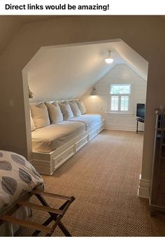 an attic bedroom with white walls and beige carpeted flooring is featured in the article, direct links would be amazing