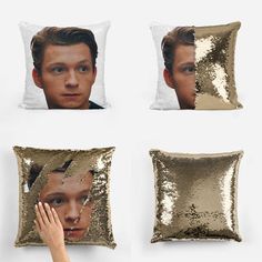 four pillows with the faces of two men and one woman on them, each being sequinized