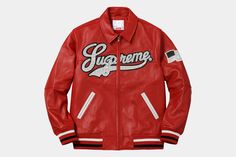 Red Letterman Jacket, Jackets Varsity, Supreme Clothing, College Jacket, Jacket Varsity, Leather Varsity Jackets, Varsity Hoodie, Studded Leather Jacket