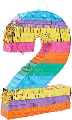 the number two is made out of colorful strips of tinsel and paper streamers