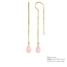 "Beautiful Pink Opal threader earrings. Being October Birthstone, these earrings makes a wonderful jewelry gift for an October Birthday. Handmade by BoutiqueBaltique. Matching necklace: https://etsy.me/3tqUB7q M A T E R I A L S: * natural pink opal * dangling from: thread-through or U-shape threaders * 14k Gold Filled / 14k Rose Gold Filled / Sterling Silver / 14k Solid Gold * our beautiful branded gift box SIZE: * pink opal: 8-9 mm Tall * earrings: - 1 3/4\" (4,5 cm) - on U-shape threaders - 3\ Crystal Briolette Earrings As Gift, Handmade Elegant Dangle Threader Earrings, Elegant Handmade Long Drop Threader Earrings, Elegant Pink Long Drop Earrings, Gift Briolette Crystal Earrings, Elegant Adjustable Threader Earrings, Pink Gold Dangle Earrings With Ear Wire, Rose Gold Pierced Teardrop Earrings For Gift, Pink Long Drop Earrings As Gift