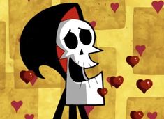 a cartoon character holding a piece of paper with hearts in the background