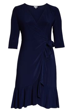 A surplice neckline reveals as little or as much as you want to accentuate, on a fab dress that's playfully chic and delightfully drapey. 44 1/2" length True wrap style with side tie closure Surplice V-neck Three-quarter sleeves Unlined 95% polyester, 5% spandex Machine wash, dry flat Made in the USA of imported fabric Dresses Evening V-neck Faux Wrap Dress, Flowy Blue Wrap Dress With Surplice Neckline, Blue Flowy Wrap Dress, Flowy Wrap Dress With Surplice Neckline, Flowy Wrap Dress For Formal Occasions, Elegant Flowy Wrap Dress For Date Night, Evening Flowy Faux Wrap Dress, Flowy Faux Wrap Evening Dress, Flowy Wrap Dress With Surplice Neckline For Evening