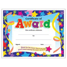 an award certificate with stars and confetti on the border, for children to be awarded