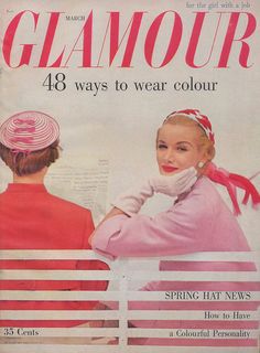 an old fashion magazine cover with a woman in red and pink on the front page